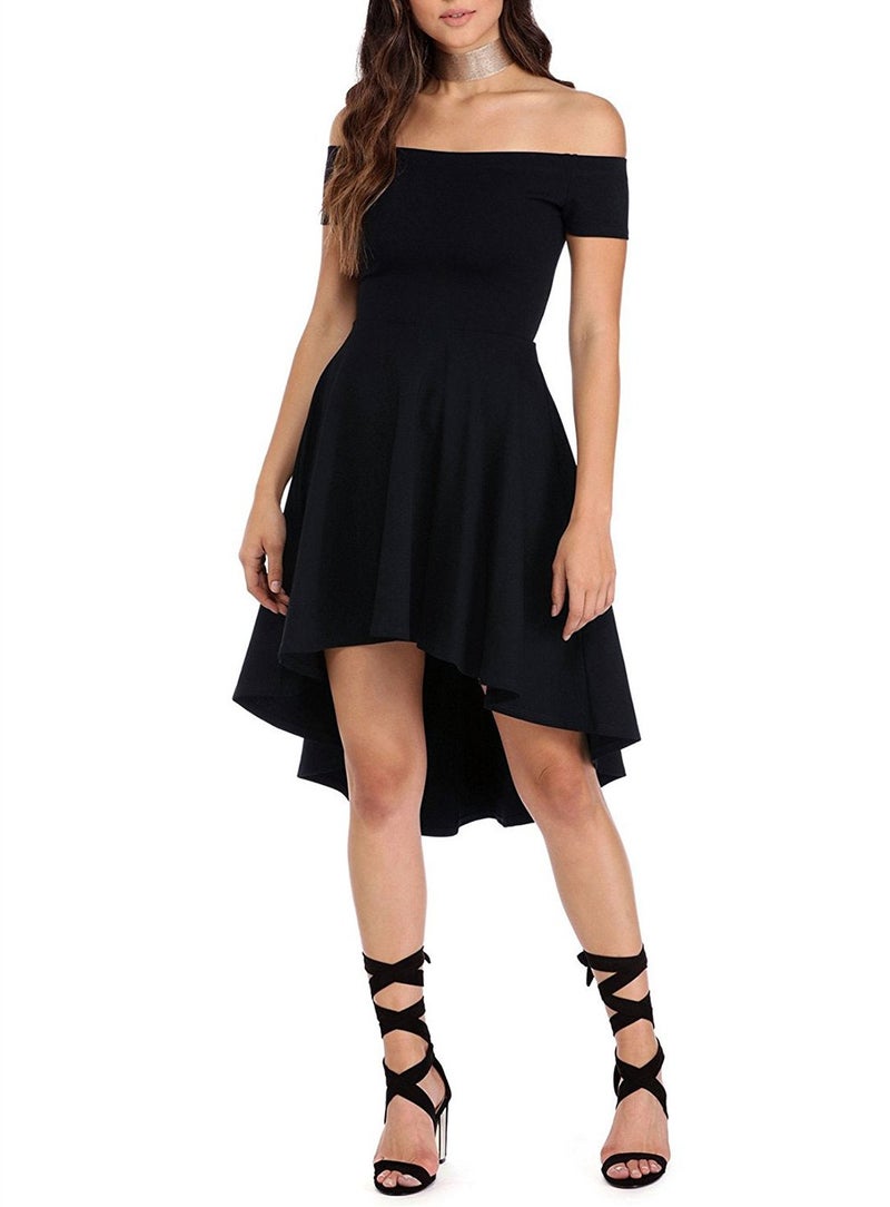 Sarin Mathews Women Off The Shoulder Short Sleeve High Low Cocktail Skater Dress Black M - Image 2
